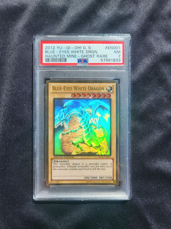 Blue Eyes White Dragon -Haunted Mine - Ghost Rare - PSA 7 NM